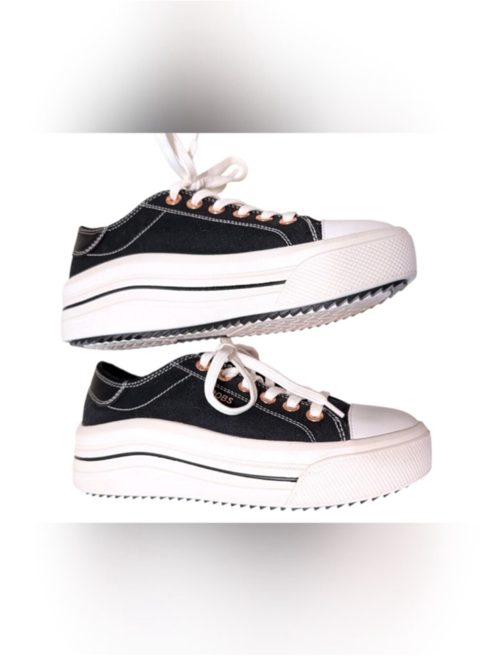 BOBS from Skechers Black White Canvas Sneakers Rose Gold Eyelets - Picture 3 of 9